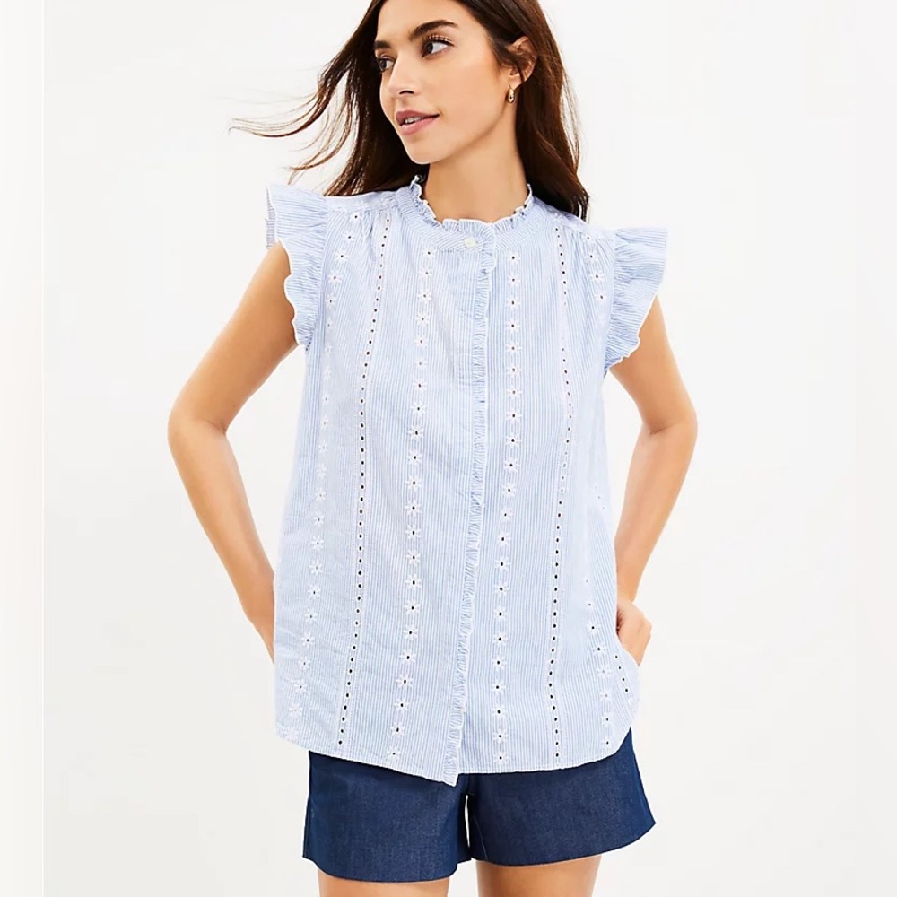 Loft Eyelet Stripe Ruffle Top Shirt